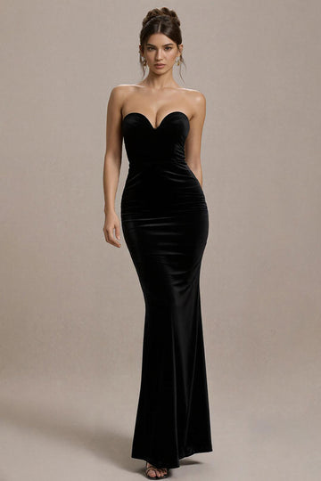 Black Mermaid Strapless Velvet Long Evening Dress